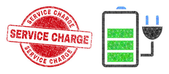 Lowpoly polygonal charge battery icon illustration with Service Charge grunge seal imitation. Red seal includes Service Charge tag inside circle it. Charge battery icon filled with triangles.