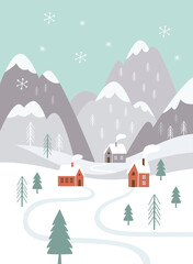 Christmas card. Winter landscape. A village in the mountains
