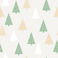 Obraz premium Seamless Christmas pattern. cute white, yellow and green Christmas trees on a white background. vector texture. fashionable print for textiles and packaging.