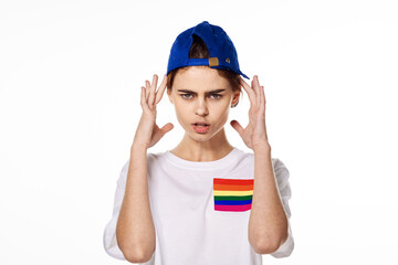 woman with lgbt flag transgender community light background