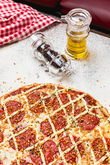 Delicious Pizza Classic Homemade Tomato Sauce Sausage Cheese Onion Meat Pasta Shrimp Restaurant Menu Gourmet on a wooden table