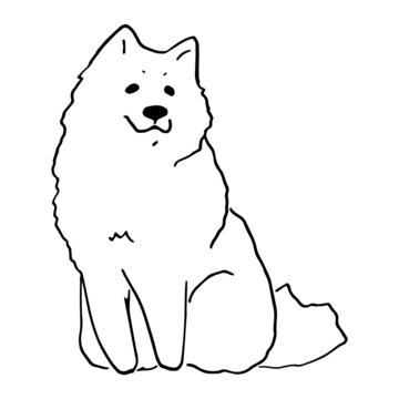 White cute smiling samoyed dog hand drawn vector illustration doodle sketch. Puppy cartoon character design outline. Concept for kids children print, poster design, wrapping paper, pattern