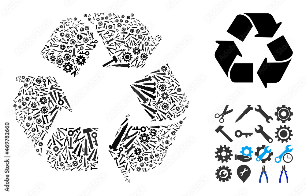 Aufkleber repair service recycle arrows mosaic of tools. vector recycle arrows is composed of cogs, wrenches, 