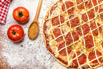 Delicious Pizza Classic Homemade Tomato Sauce Sausage Cheese Onion Meat Pasta Shrimp Restaurant Menu Gourmet on a wooden table