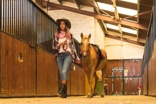 Caucasian pink haired cowgirl woman strolling with a horse in a stable, American cowboy hats, pink plaid shirt and jeans