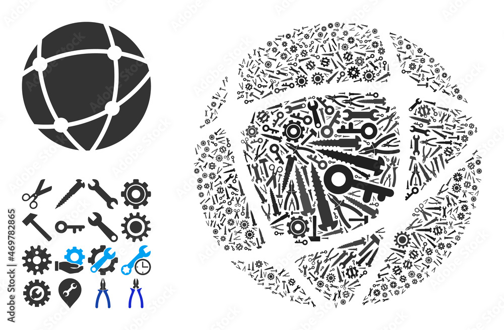 Poster service network mosaic of service tools. vector network is created of cogs, spanners, and other tool