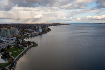Obraz premium sunset fall Drone view of Barrie waterfront downtown with blue skies and clouds 