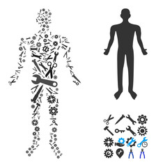 Repair workshop human mosaic of service tools. Vector human is organized of cogs, spanners, and other tools, and based on human icon. Concept of industrial workshop.