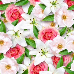 Obraz na płótnie Canvas Stylish seamless pattern from flowers of roses and lilies. Delicate bouquet in white-pink tones. Chaotic arrangement of buds.