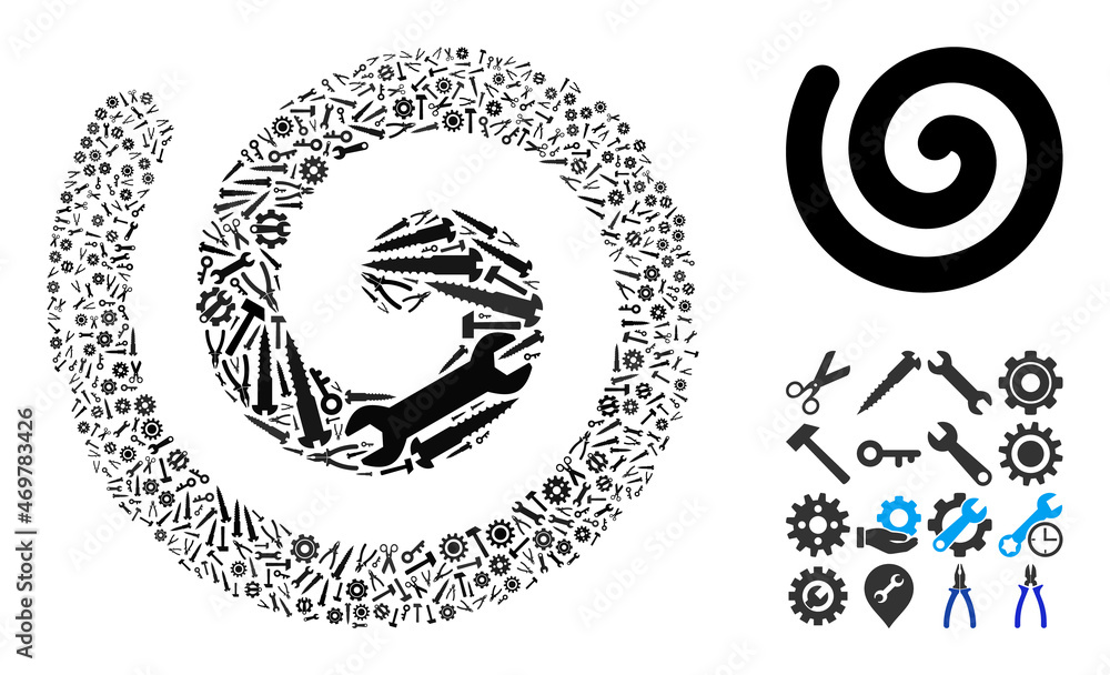 Poster service spiral mosaic of service tools. vector spiral is composed of cogs, spanners, and other tools