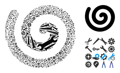 Service spiral mosaic of service tools. Vector spiral is composed of cogs, spanners, and other tools, and based on spiral icon. Abstraction of tuning service.