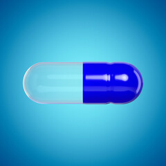 Empty drug capsule mock-up on blue background. Frontal view. Medical theme. 3d rendering. 