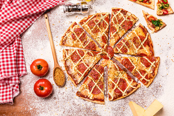 Delicious Pizza Classic Homemade Tomato Sauce Sausage Cheese Onion Meat Pasta Shrimp Restaurant Menu Gourmet on a wooden table