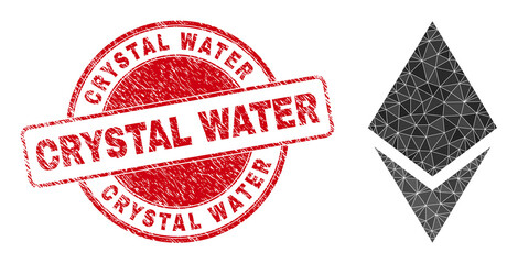 Low-Poly polygonal crystal 2d illustration with Crystal Water dirty seal. Red stamp contains Crystal Water tag inside circle form. Crystal icon filled with triangle mosaic.