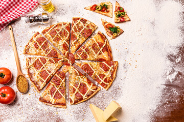 Delicious Pizza Classic Homemade Tomato Sauce Sausage Cheese Onion Meat Pasta Shrimp Restaurant Menu Gourmet on a wooden table