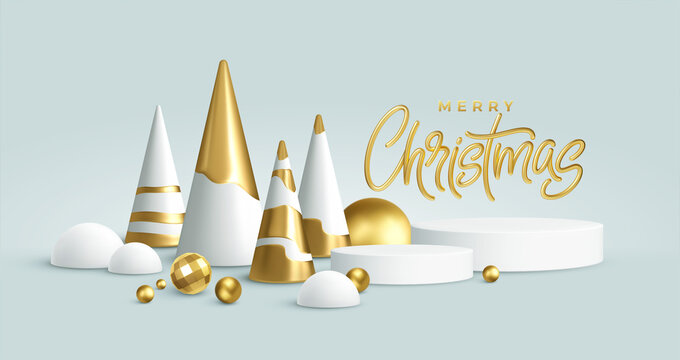Christmas Realistic 3D trending backgrounds. 3D geometric minimalistic Christmas trees decoration for flyer, banner, advertisement. Vector illustration