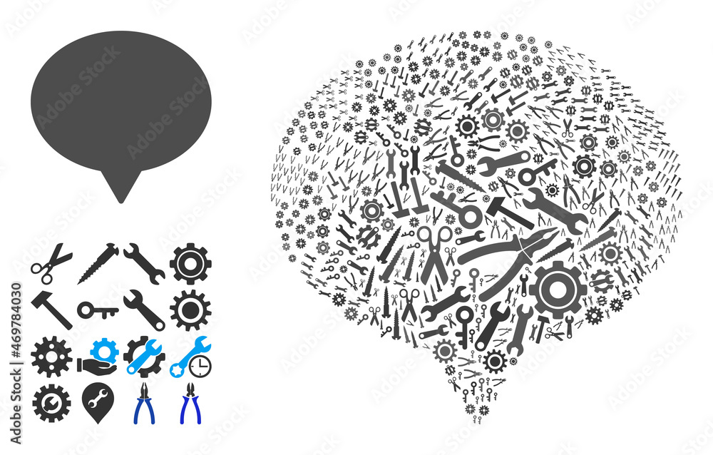 Aufkleber service hint collage of tools. vector hint is composed of gearwheels, spanners, and other tools, and