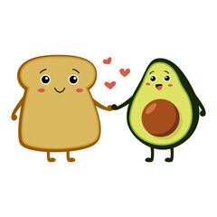 Cute toast and avocado characters holding hands. Healthy food and breakfast. Vector flat illustration
