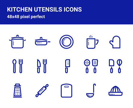 Simple set of related outline icons on white background for web design. Contains such icons as saucepan, pan, plate, oven-glove, skimmer, grater and more. 48x48 pixel perfect. Editable blue stroke.