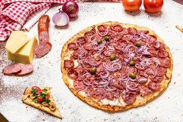Delicious Pizza Classic Homemade Tomato Sauce Sausage Cheese Onion Meat Pasta Shrimp Restaurant Menu Gourmet on a wooden table