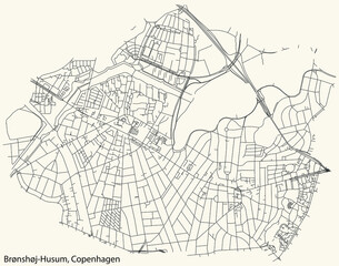 Fototapeta na wymiar Detailed navigation urban street roads map on vintage beige background of the quarter Brønshøj-Husum District of the Danish capital city of Copenhagen Municipality, Denmark
