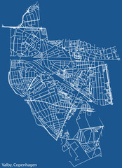 Detailed navigation urban street roads map on vintage beige background of the quarter Valby District of the Danish capital city of Copenhagen Municipality, Denmark