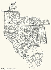 Detailed navigation urban street roads map on vintage beige background of the quarter Valby District of the Danish capital city of Copenhagen Municipality, Denmark