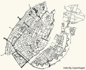 Detailed navigation urban street roads map on vintage beige background of the quarter Indre By District of the Danish capital city of Copenhagen Municipality, Denmark