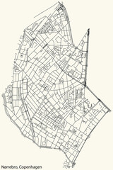 Detailed navigation urban street roads map on vintage beige background of the quarter Nørrebro District of the Danish capital city of Copenhagen Municipality, Denmark