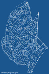 Detailed navigation urban street roads map on vintage beige background of the quarter Nørrebro District of the Danish capital city of Copenhagen Municipality, Denmark