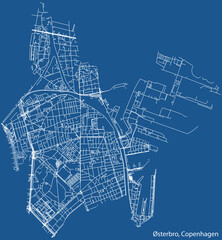 Detailed navigation urban street roads map on vintage beige background of the quarter Østerbro District of the Danish capital city of Copenhagen Municipality, Denmark