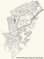 Fototapeta na wymiar Detailed navigation urban street roads map on vintage beige background of the quarter Vesterbro/Kongens Enghave District of the Danish capital city of Copenhagen Municipality, Denmark