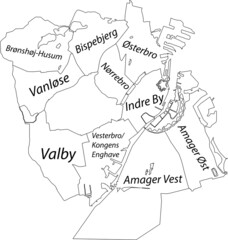 Simple white vector map with black borders and name tags of urban city districts of Copenhagen Municipality, Denmark