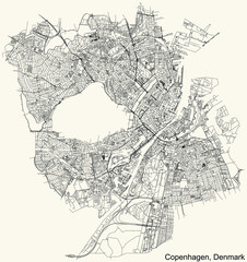 Detailed navigation urban street roads map on vintage beige background of the Danish capital city of Copenhagen Municipality, Denmark