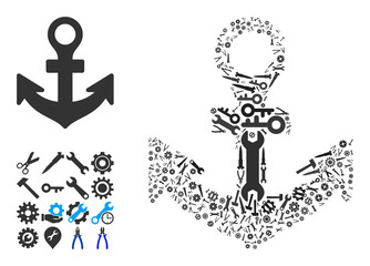 Repair service anchor collage of service tools. Vector anchor is done from gears, wrenches, and other tools, and based on anchor icon. Abstraction of technician company.