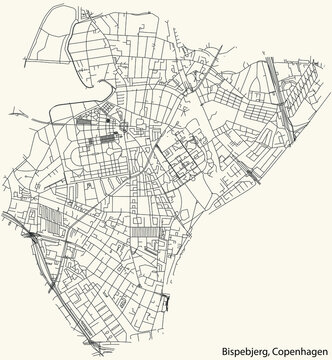 Detailed Navigation Urban Street Roads Map On Vintage Beige Background Of The Quarter Bispebjerg District Of The Danish Capital City Of Copenhagen Municipality, Denmark