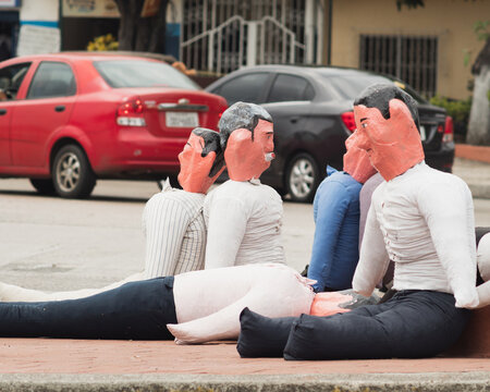 monigotes or traditional dolls stuffed with sawdust or rice husks to celebrate the new year in Ecuador