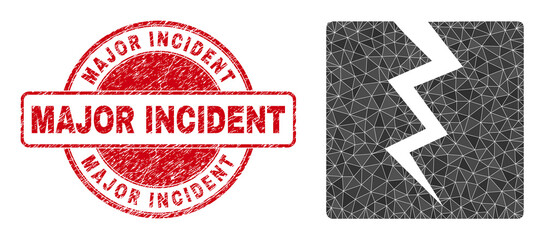 Lowpoly triangulated destruct icon illustration, and Major Incident textured stamp seal. Red stamp seal contains Major Incident tag inside round it. Destruct icon filled using triangle mosaic. - 469784817