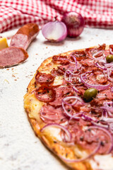 Delicious Pizza Classic Homemade Tomato Sauce Sausage Cheese Onion Meat Pasta Shrimp Restaurant Menu Gourmet on a wooden table