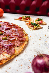 Delicious Pizza Classic Homemade Tomato Sauce Sausage Cheese Onion Meat Pasta Shrimp Restaurant Menu Gourmet on a wooden table