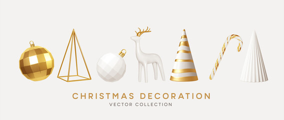 Christmas decorations vector collection. Set of realistic 3d white gold trendy decorations for christmas design isolated on white background. Christmas tree, deer, candy cane. Vector illustration