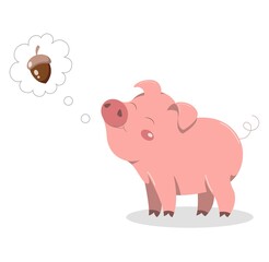 Animal with food concept. Cute pink pig smiles and dreams of delicious acorn. Wild character loves sweets. Design element for social networks, books and postcards. Cartoon flat vector illustration