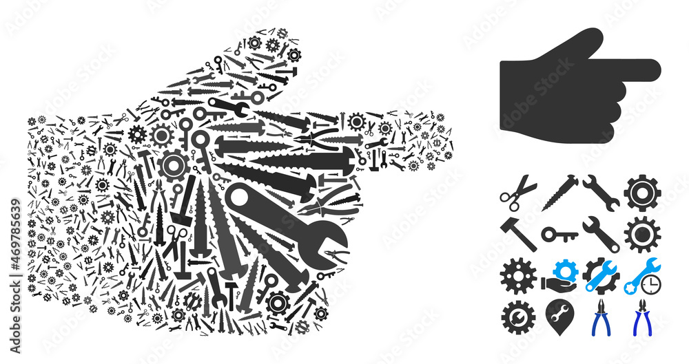 Poster repair workshop index finger mosaic of tools. vector index finger is constructed of gear wheels, wre