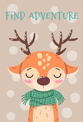 Cute animal in scarf concept. Small deer with large horns on brown background with inscription. Find adventure. Design element for poster, cover and social network. Cartoon flat vector illustration
