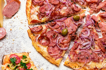 Delicious Pizza Classic Homemade Tomato Sauce Sausage Cheese Onion Meat Pasta Shrimp Restaurant Menu Gourmet on a wooden table