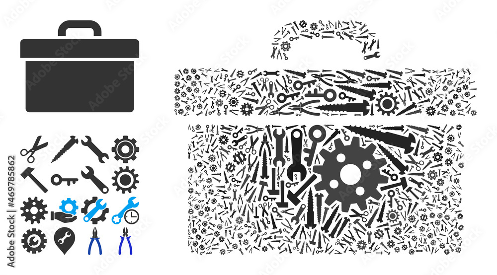 Poster repair service toolbox composition of service tools. vector toolbox is formed of cogwheels, spanners