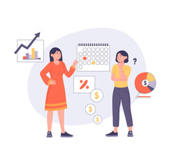 Banking service concept. Young woman in consultation with accountant or financial manager. Employee analyzes statistics and develops strategy to increase profits. Cartoon flat vector illustration