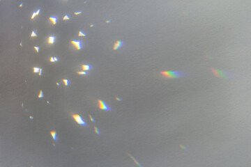 Rainbow light crystal leak overlay background. Prism glass flare effect texture. Sunlight rays,...