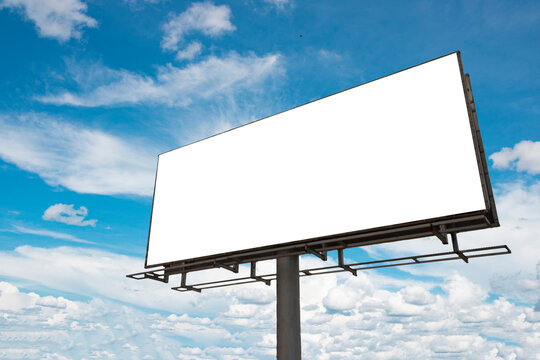 Empty Blank  billboard mockup with white screen against cloudy sky background.