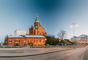 Helsinki, Finland. Uspenski Cathedral In Evening Illuminations Lights. Eastern Orthodox Cathedral...